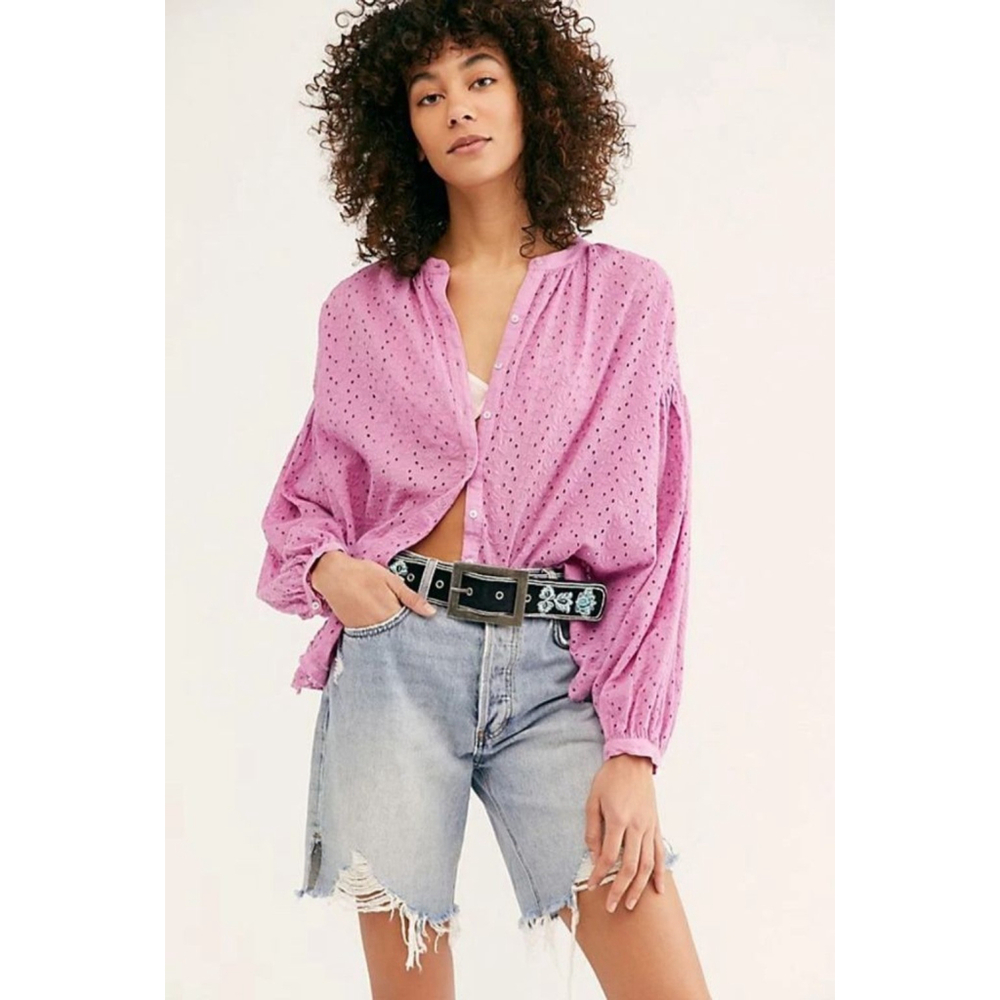FREE PEOPLE NWT Maddison Eyelet Balloon Sleeve‎ Oversized Orchid Blouse S Pink